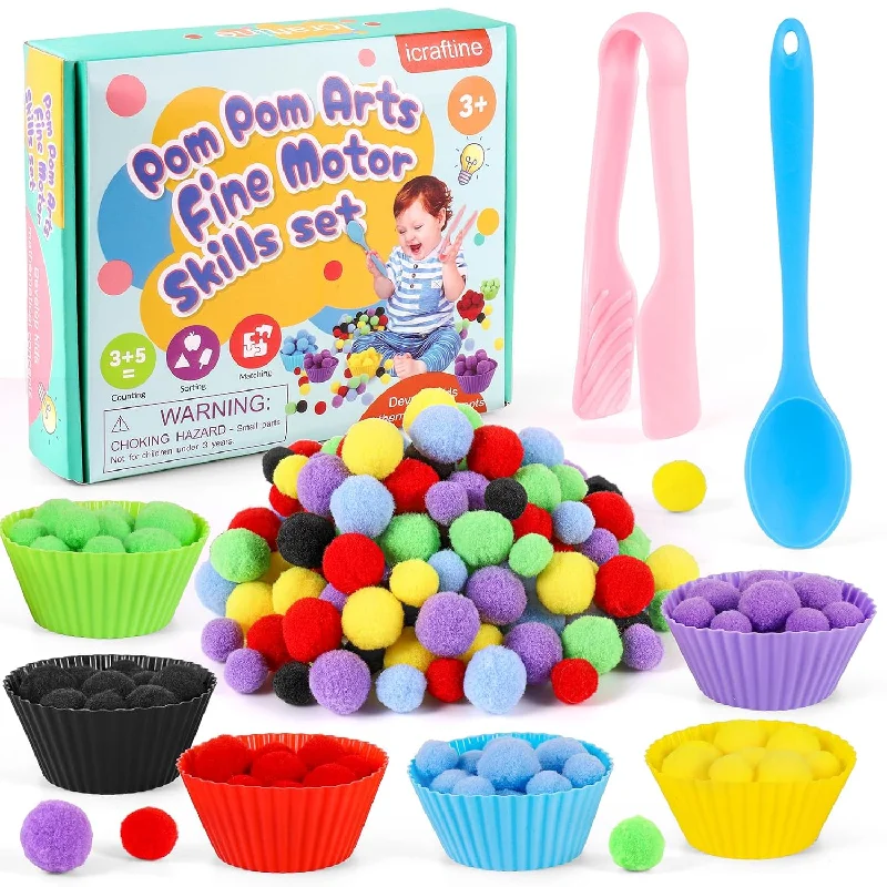 158 Pcs Fine Motor Skills Set 150 Pom Poms, 6 Sorting Bowls, Tweezers, Spoo