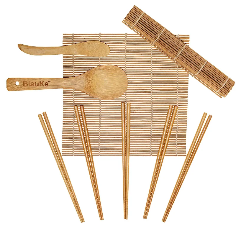 Bamboo Sushi Making Kit with 2 Sushi Rolling Mats, 5 Pairs of Reusable Bamboo Chopsticks, 1 Rice Paddle and 1 Spreader - Beginner Sushi Kit