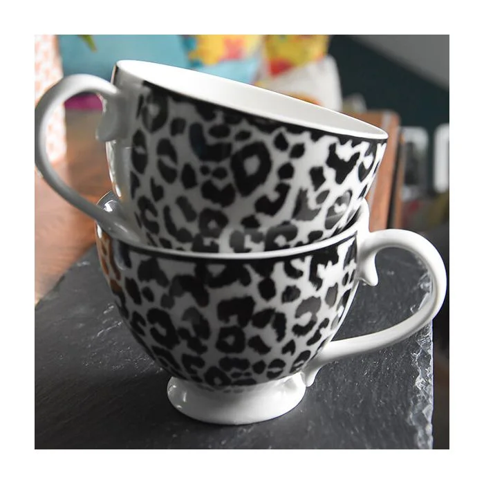 Black and White Leopard Print Footed mug with a Gold Handle