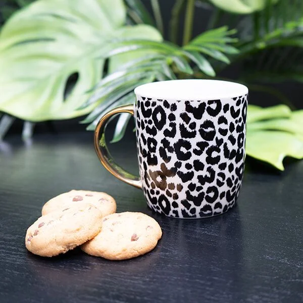 Black and White Leopard Print Mug with Gold Handle