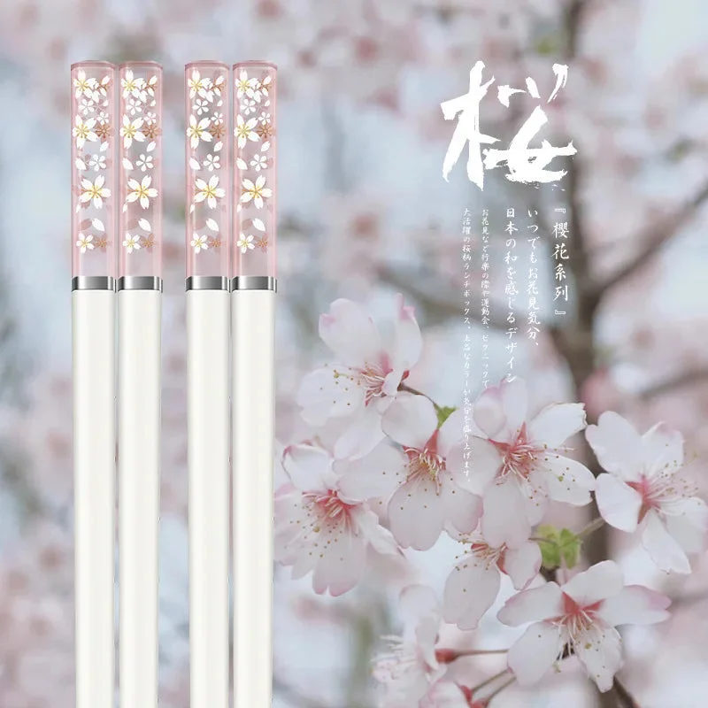 Cherry Blossom Pattern Chopsticks 1 Pair Non-Slip Reusable Chopsticks (White Pink)