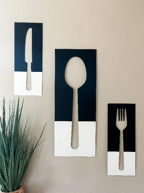 Fork, spoon, and knife set handmade of wood wall decor in black and white