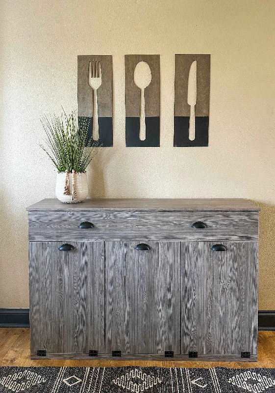 Fork, spoon, and knife wall decor in dark charcoal with aged barrel stain