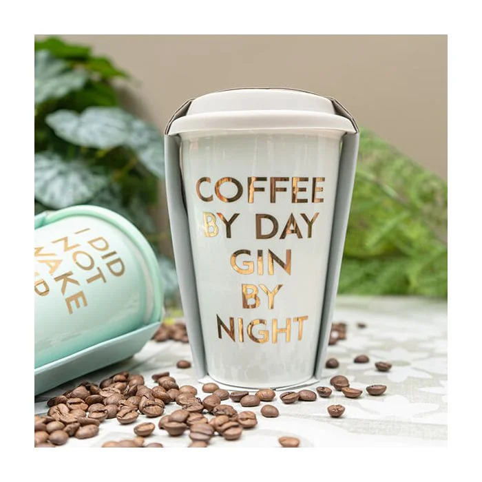 Cream Travel Mug with the Slogan "Coffee By Day; Gin By Night"