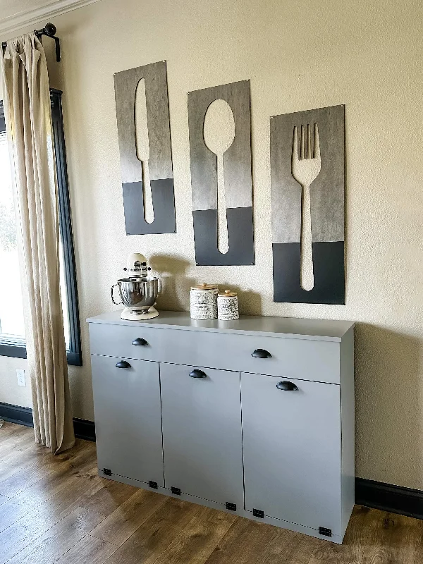 Fork, spoon, and knife set handmade of wood wall decor in dark charcoal with heather gray