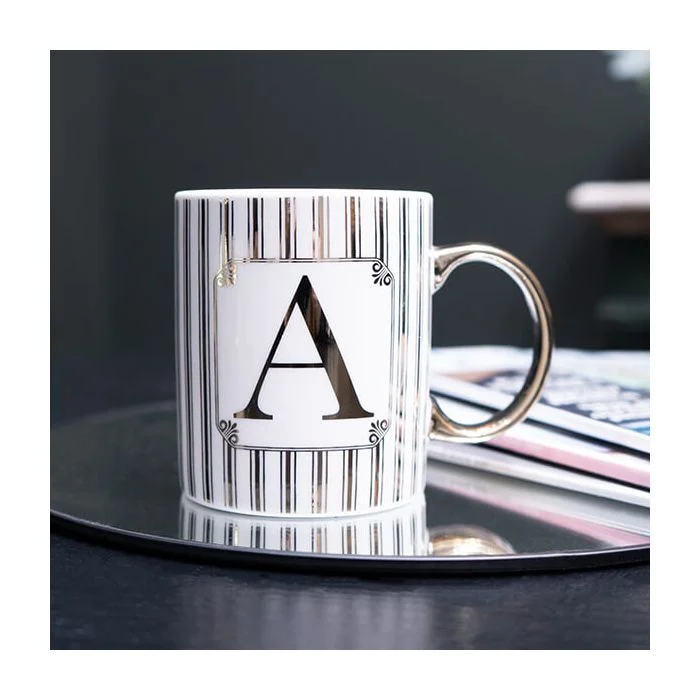 Gold and White Personalised Mug with a Gold Handle and Initial "A" Design