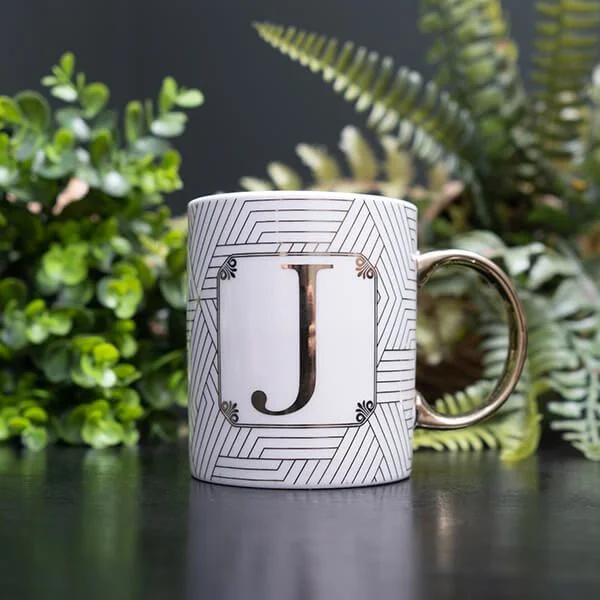 Gold and White Personalised Mug with a Gold Handle and Initial "J" Design