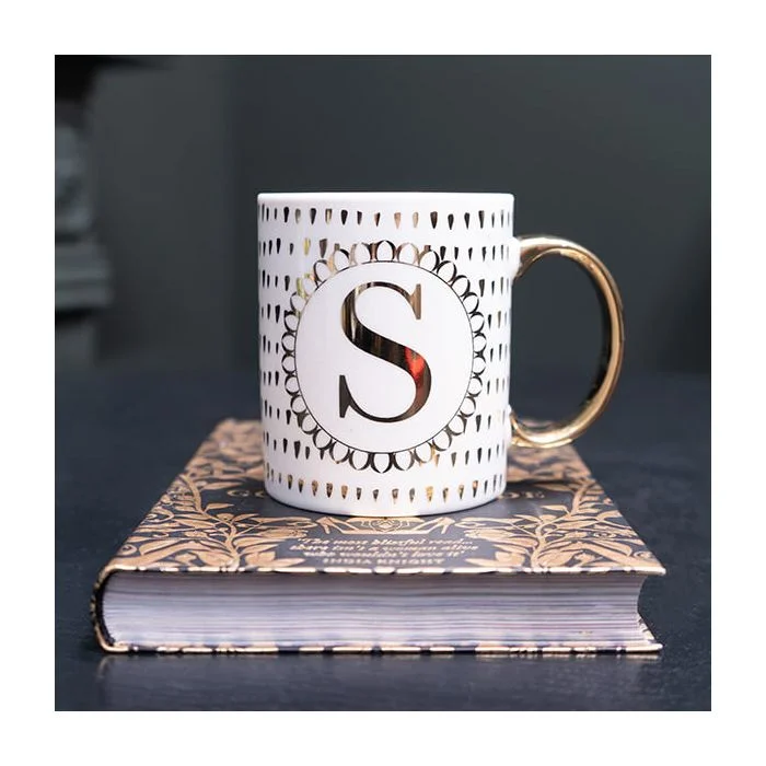 Gold and White Personalised Mug with a Gold Handle and Initial "S" Design