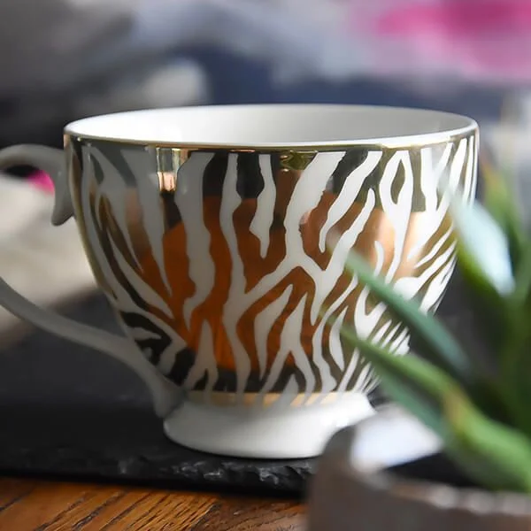 Gold and White Zebra Print Footed Mug with a White Handle