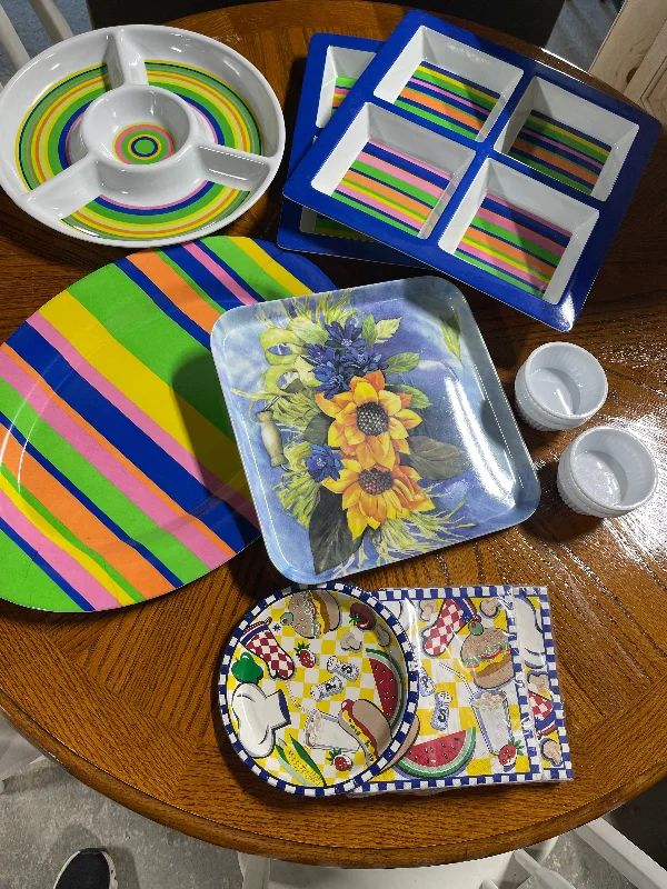 Lot of Brightly Colored Plastic Serving Platters and Trays, Ramekins and Napkins/Paper Plates