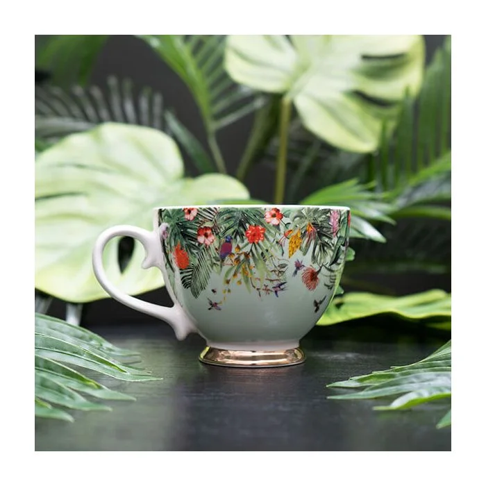 Mint Green Floral Chinoiserie Footed Mug with a White Handle