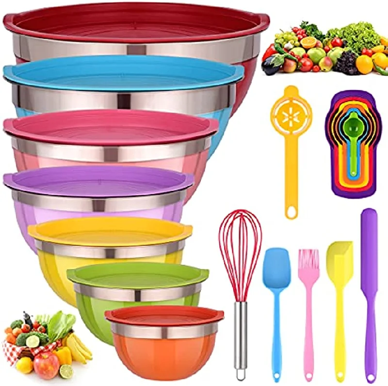 Mixing Bowls with Lids for Kitchen - 26 PCS Stainless Steel Nesting Colorful Mixing Bowls Set for Baking,Mixing,Serving & Prepping,Size 7, 5.5, 5, 4, 3, 2, 1.5QT,12 Colorful Cooking Utensils