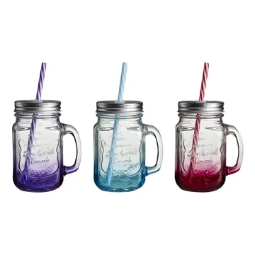 PREMIER 450ML SQR COL GLS EMBOSSED MASON JAR MUG- 1404092