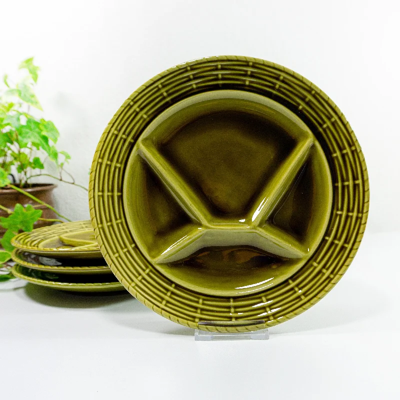 Set of 70s olive green CERAMIC FONDUE tapas PLATES Sarreguemines France