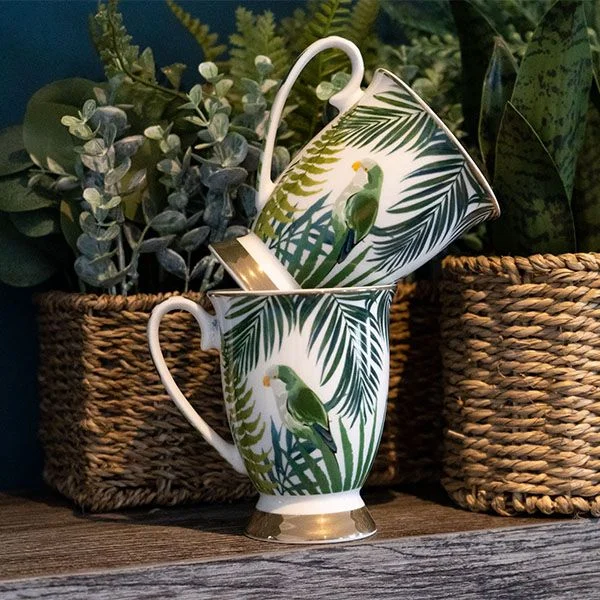 Set of Two Emerald Green Leaves and Birds Footed Mugs with White Handles