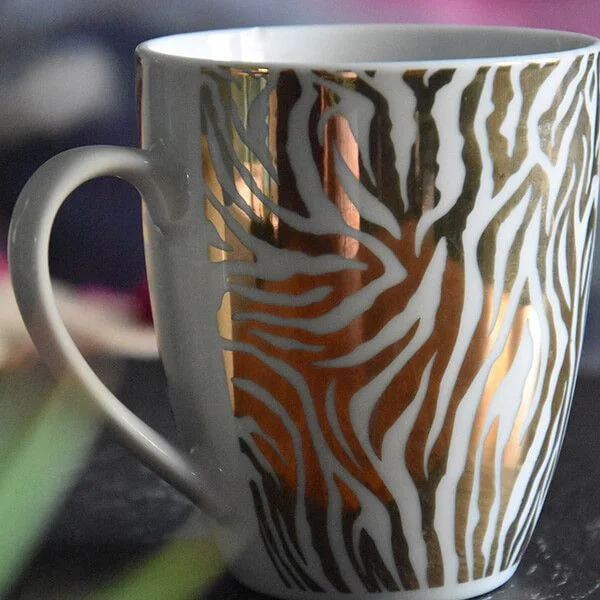 Set of Two Gold and White Zebra Print Mugs with White Handles