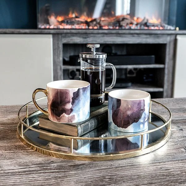 Set of Two Watercolour Design Mugs in Gold Handles