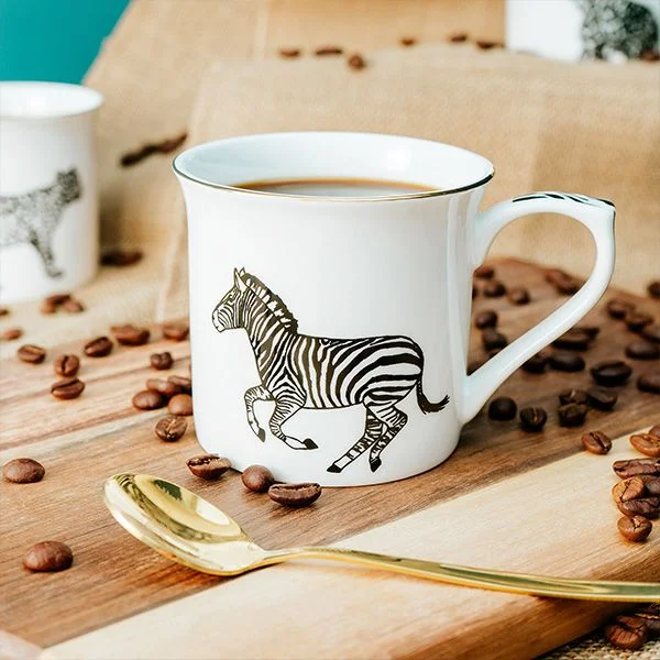 Stylish White Bone China Coffee Mug with Zebra Print Design