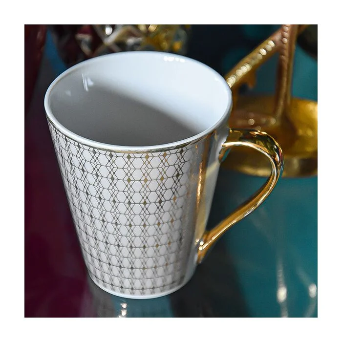 Taupe and Gold Patterned Mug with a Gold Handle