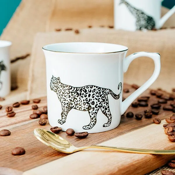 White Bone China Mug with Cheetah Print Design