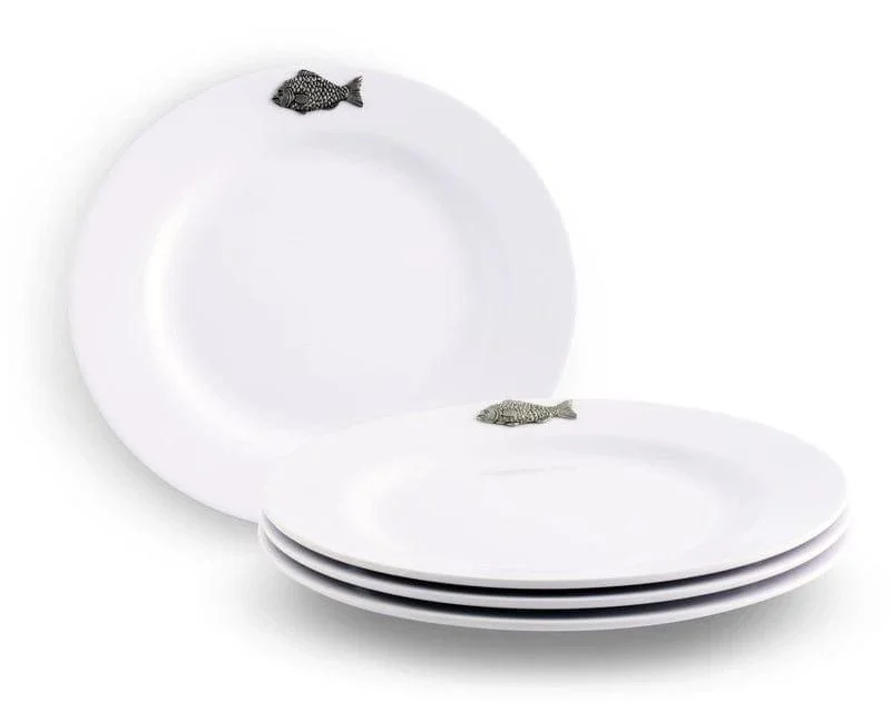 White Melamine 10" Plates w/ Pewter Fish