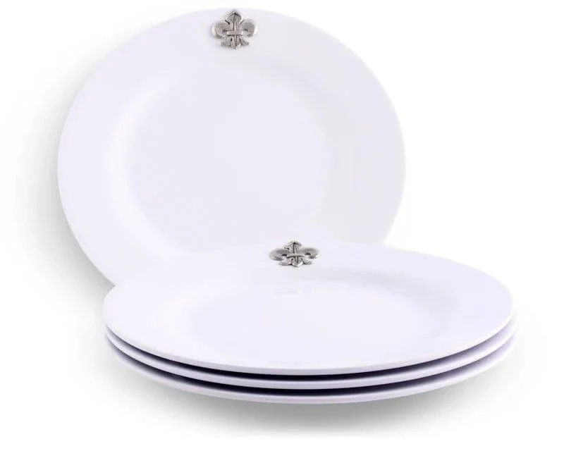 White Melamine 10" Plates w/ Pewter Fleur de Lis