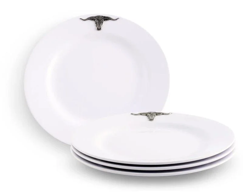 White Melamine 10" Plates w/ Pewter Longhorn