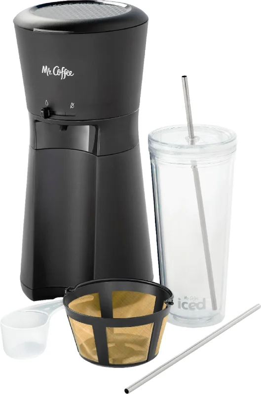 Mr. Coffee Iced Single Serve Coffee Maker with Reusable Tumbler Stainless Steel Straws and Reusable Gold-Tone Coffee Filter Black Black